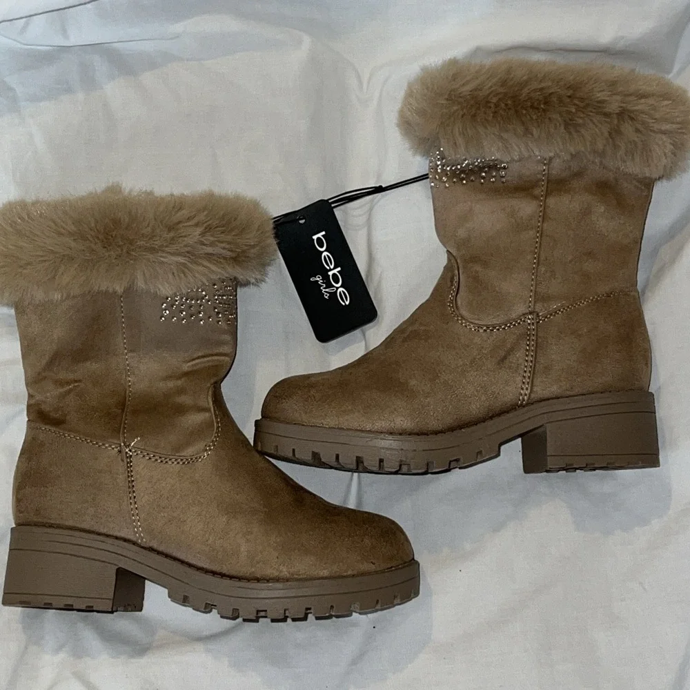 BEBE GIRLS FAUX FUR Fashion BOOTS TAN BROWN SHOES 1 NEW Rhinstones Cowgirl Bling